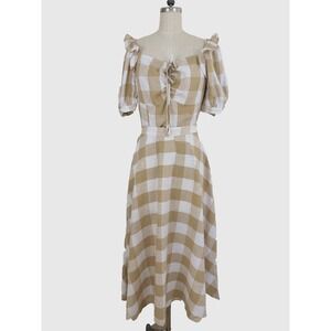 Who What Wear 2-Piece Linen Blend Set Plaid Beige Top & Midi A-Line Small (4)